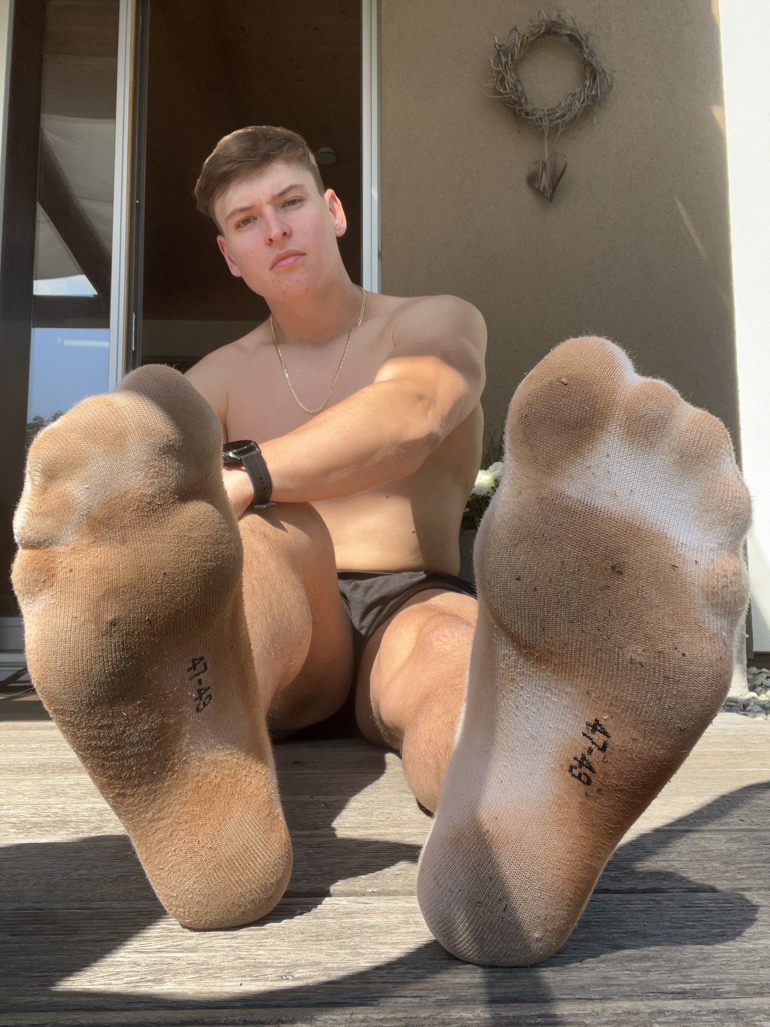 My feet hurt after hiking. Take those fucked up socks off and massage them sub😈 http://onlyfans.com/bacherhot 